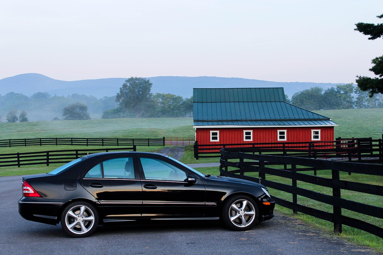 automobile, car, barn, farm, ranch, car wallpapers, parked car, black car, vehicle, rural, countryside, fence, demarcation